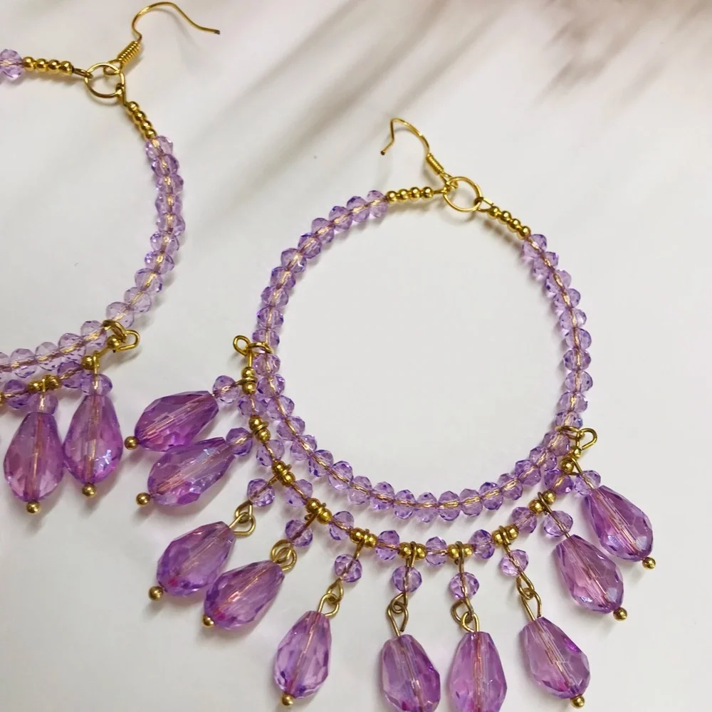 Oro Laminado Round Shape Handmade Purple Dangle Earrings Long 4